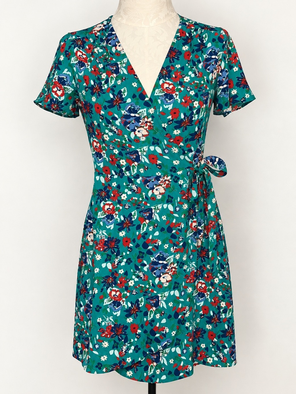 J.Crew Factory Teal Floral Wrap Mini Dress Size Small - Picture 1 of 9